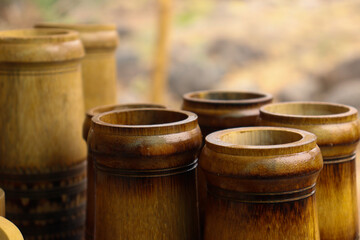 Naklejka premium Close up shot of bamboo cup. Bamboo art craft