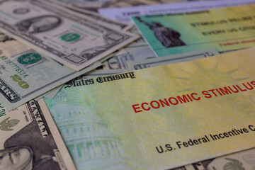 COVID-19 on global pandemic lockdown, stimulus package financial package government for people American flag US dollar cash banknote