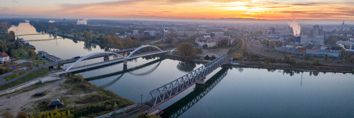 Bridges bridge over Rhine river between Kehl and Strasbourg Germany France aerial photo panorama - obrazy, fototapety, plakaty