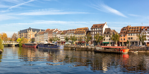 Fototapeta na wymiar Historical houses buildings at river Ill water panorama Alsace in Strasbourg France