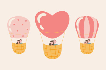 set of 3 air balloons with couples, valentine's day, vector