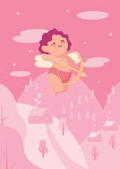 Valentine's day postcard.Happy Valentines day. Baby cupid with arrow. Festive valentine's day greeting card. Isolated on white.