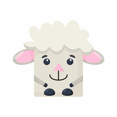 Fototapeta premium Cute cartoon square animal sheep face, vector zoo sticker isolated on white background.