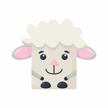 Cute cartoon square animal sheep face, vector zoo sticker isolated on white background.