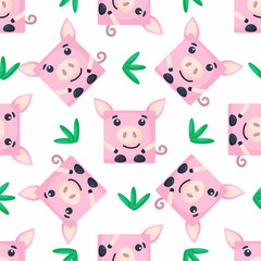 Fototapeta premium Squares pig Seamless pattern. Vector Background with the faces of pig. Template for the packaging, baby textile