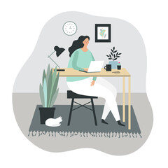 Freelance woman working on laptop at her house. Work at home or studying concept. Cute illustration in flat style.