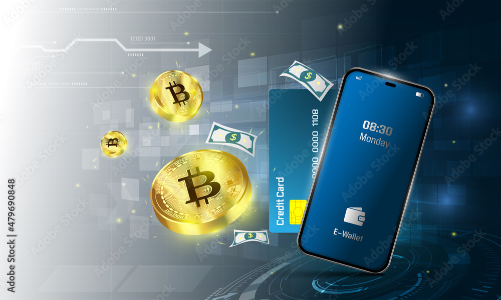 Poster digital wallet application on mobile. banner vector