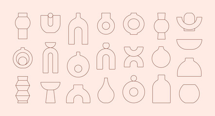 Boho Ceramic Vases in Trendy Minimalist Liner Style. Vector Pottery Icons for Creating Logo - obrazy, fototapety, plakaty