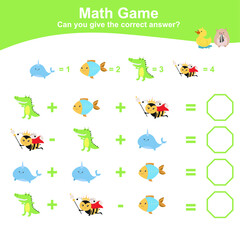 Animal theme Math Game for Preschool. Educational printable math worksheet. Additional and subtraction math for kids. Vector file.