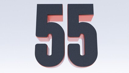 black number 55 isolated on white background. 3D render. 3D Lettering fifty five number.