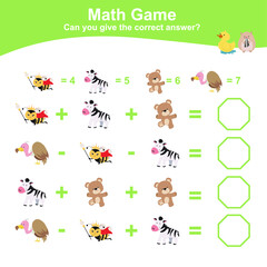 Animal theme Math Game for Preschool. Educational printable math worksheet. Additional and subtraction math for kids. Vector file.