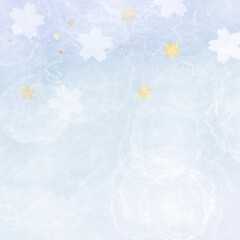 春のかわいい和風正方形バナー）桜の花柄・水色　金色の紙吹雪　ナチュラル　テキストスペース　青空