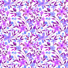 Fototapeta na wymiar Violet, blue floral seamless pattern. Hand drawn delicate botanical repeat print. Flowers and leaves vintage design. Botanical watercolor background for textile, fabric, wrapping paper, wallpaper.