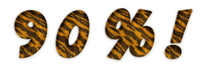 Tiger font, number 9, 0, %, # with fur hairy texture. Realistic 3D design with clipping path ready to use. For your creative collection of fun font, text, headlines in tiger year or animal concept