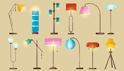 Modern floor lamps, stylish electric lights for home or office interior. Vector cartoon set of illumination accessory with lampshades for living room or bedroom decor isolated on background