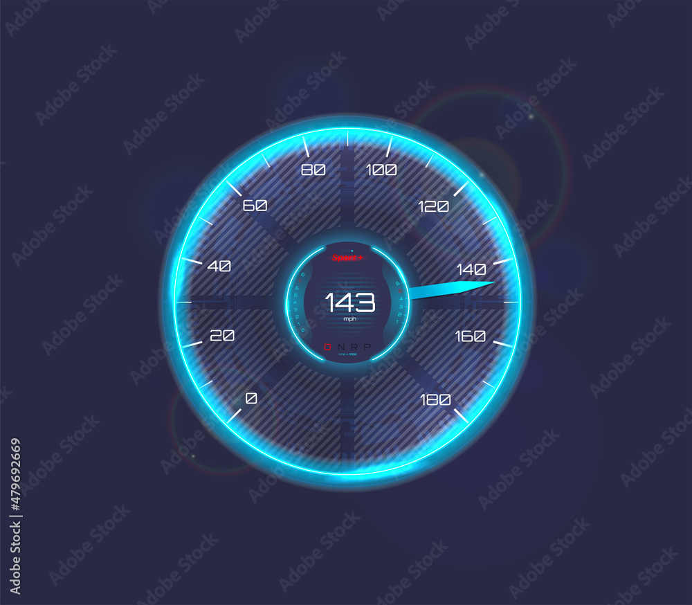 Poster Futuristic car speedometer with Neon. Auto dashboard design, speedometer and tachometer for car with speed in miles (mph) and transfer. HUD dashboard for Hi-tech motorcycles and cars. Vector