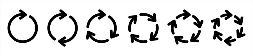Circle arrow icon set. Symbol of reload, refresh, loading, recycle and repeat. Interconnecting round arrow vector icons set. One, two, three, four, five, six arrow in the loop.