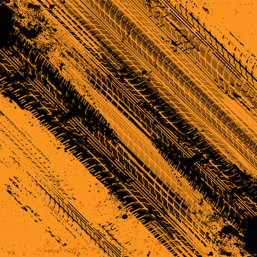 Tire tracks on orange background. Dirty lines with traces of scattered dirt or paint. Grunge tire silhouette. The texture of the tread marks for rally, drift, off-road, drag racing. Vector background