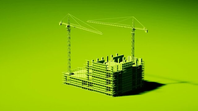 Monochromatic animation of construction site with moving cranes. Developement.