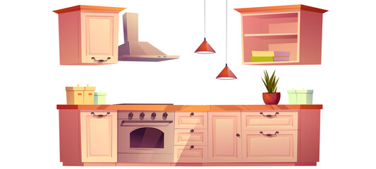 Kitchen interior set with cooking counter, stove, hood and hanging cupboards. Vector cartoon retro kitchen furniture, oven, lamps, jars and plants on desk and cook books on shelf