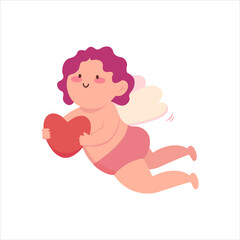 flying baby cupid holds red heart, angel, boy, kid, cartoon, vector, valentine's day, sticker, clipart