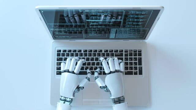 Futuristic concept of humanoid robot writing code on the laptop keyboard.