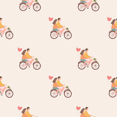 Valentine's Day seamless pattern with bicycle with heart shaped balloon and flowers. Concept of love and valentine's day.
