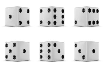 Set of six white dice with different numbers. 3d rendering.