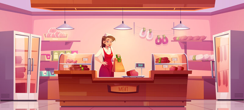 Meat store, butcher department in supermarket with woman seller, counter and butchery products in refrigerator and on shelves. Vector cartoon interior of meat shop with girl vendor, sausages and pork