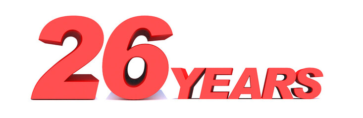 26 YEARS word on white background. 3d illustration