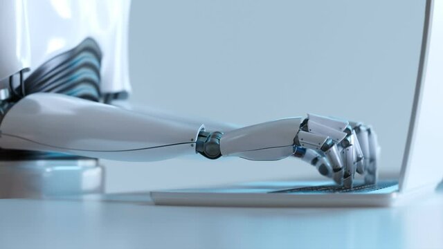 Futuristic concept of humanoid robot writing code on the laptop keyboard.