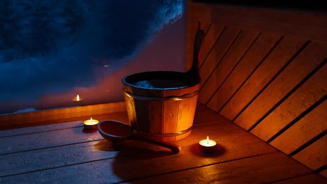 Wooden sauna bucket on the floor with winter night forest behind a frosty window