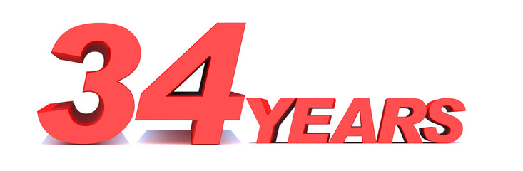 34 YEARS word on white background. 3d illustration