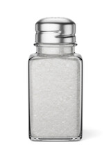 Transparent salt jar isolated on white.