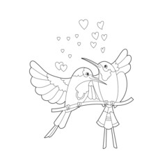 Contour linear illustration for coloring book with two hummingbirds. Beautiful cute couple,  anti stress picture. Line art design for adult or kids  in zen-tangle style, tattoo and coloring page