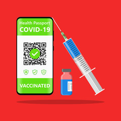 Electronic COVID-19 immunity passport. Digital vaccine certificate with Qr code. The vaccinated person using QR code on mobile phone for safe travelling during the pandemic. Air tickets, boarding pa