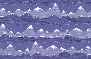 Papier Peint photo Pantone 2022 very peri Seamless vector pattern with snow-capped mountain peaks. It is snowing on a very peri color background. Winter Christmas background for printing. Abstract silhouette of mountains with wood texture