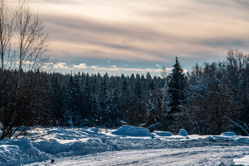Winter landscape. Forest field covered with deep snow, forest, forest road, snowmobile tracks.