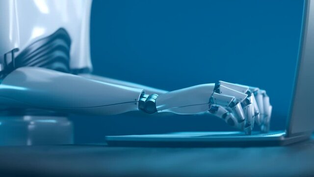 Futuristic concept of humanoid robot writing code on the laptop keyboard.