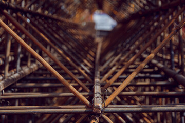 Steel reinforcement bars. Industrial background. Rebar texture. Material for construction.