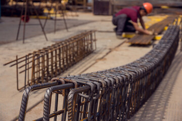 Building construction. Steel reinforcement bars. Industrial background. Rebar texture. Steel bars for monolithic frame