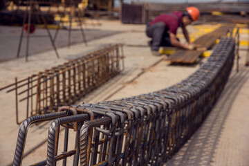 Building construction. Steel reinforcement bars. Industrial background. Rebar texture. Steel bars for monolithic frame