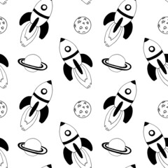 rocket, moon, saturn, planet - space seamless pattern. hand drawn doodle, vector. line art, nordic, scandinavian. wallpaper, textile, print, wrapping paper, background. children, print for boys