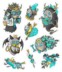 Set of cartoon monsters. stickers pack, funny characters