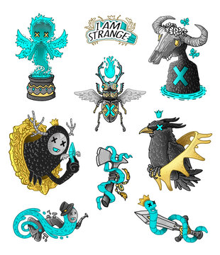 Set of indie vibe characters.  sticker pack, gold, mystic