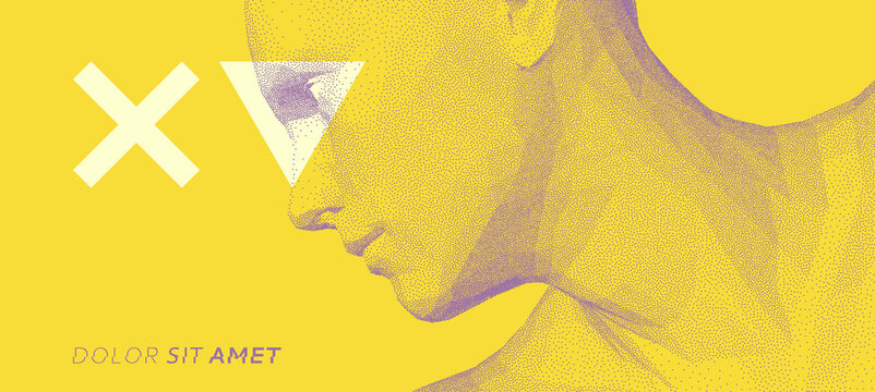 Abstract man head made from dots. Cover design template. 3D vector illustration. Can be used for advertising, marketing or presentation.