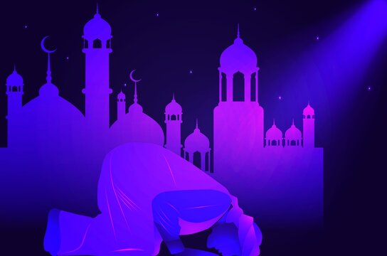 Muslim man is praying in front of mosque. Glowing vector illustration