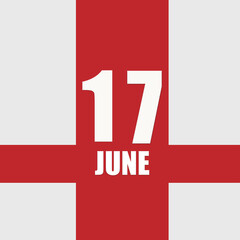 june 17. 17th day of month, calendar date.White numbers and text on red intersecting stripes. Concept of day of year, time planner, summer month