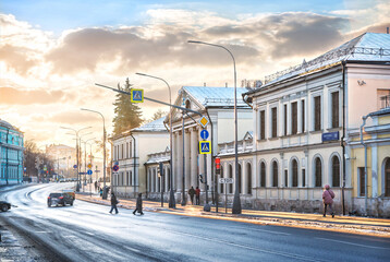 Ancient buildings and Pushkin Museum on Volkhonka Street in Moscow. Inscription: Volkhonka street
