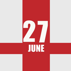 june 27. 27th day of month, calendar date.White numbers and text on red intersecting stripes. Concept of day of year, time planner, summer month